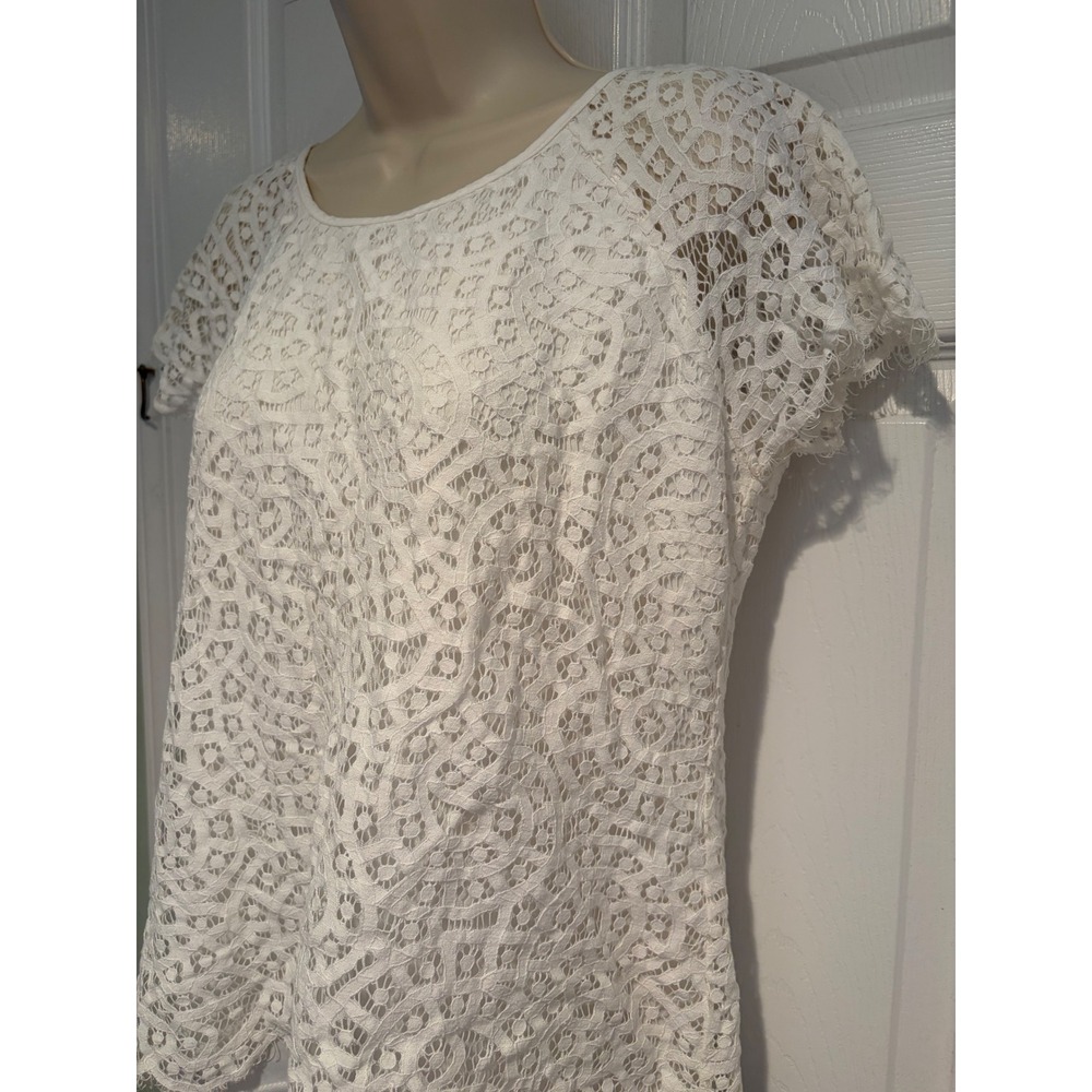 Laffaire White Floral Lace Short Sleeve Lined Blouse Top Size M Boho Romantic - Picture 2 of 9